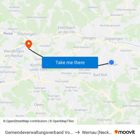 Gemeindeverwaltungsverband Voralb to Wernau (Neckar) map