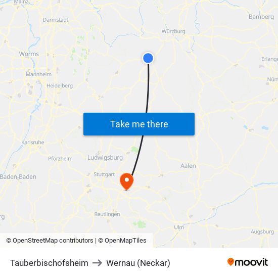 Tauberbischofsheim to Wernau (Neckar) map