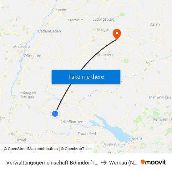 Verwaltungsgemeinschaft Bonndorf Im Schwarzwald to Wernau (Neckar) map