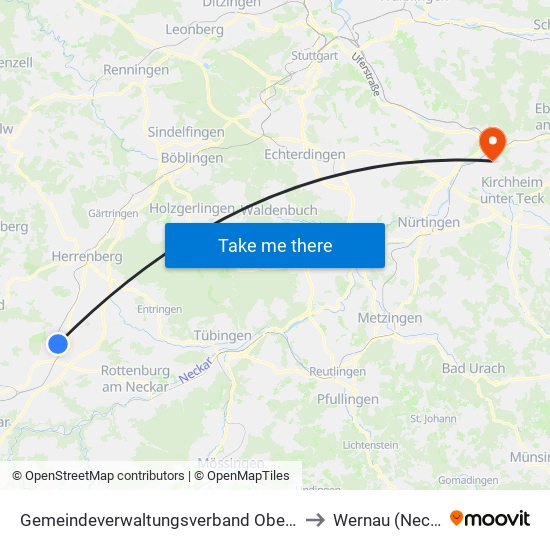 Gemeindeverwaltungsverband Oberes Gäu to Wernau (Neckar) map