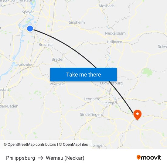 Philippsburg to Wernau (Neckar) map