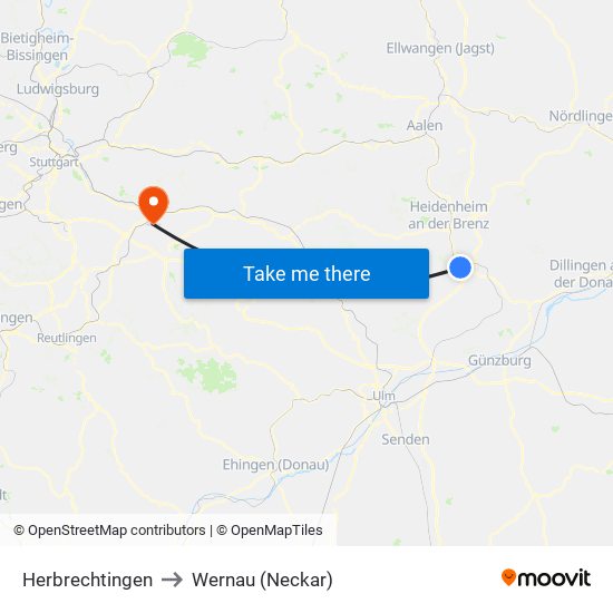 Herbrechtingen to Wernau (Neckar) map