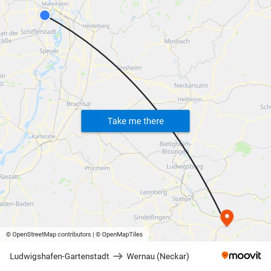 Ludwigshafen-Gartenstadt to Wernau (Neckar) map