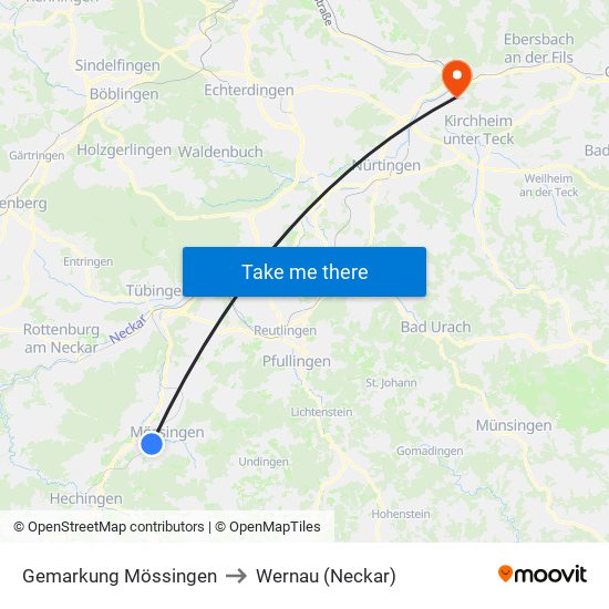 Gemarkung Mössingen to Wernau (Neckar) map