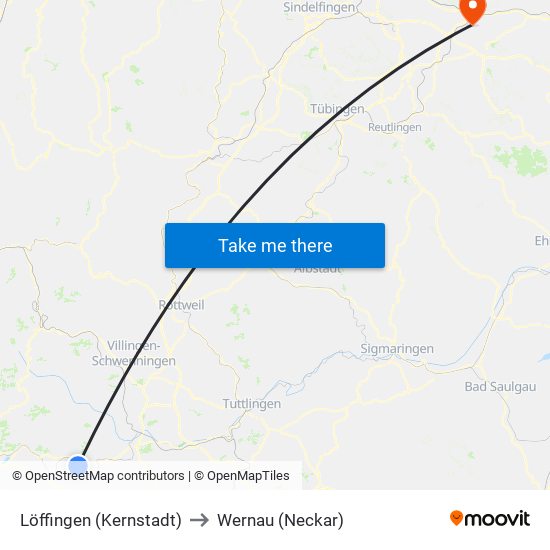 Löffingen (Kernstadt) to Wernau (Neckar) map