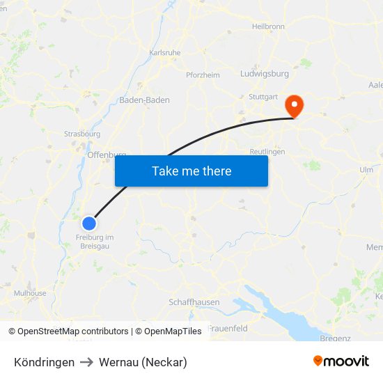 Köndringen to Wernau (Neckar) map