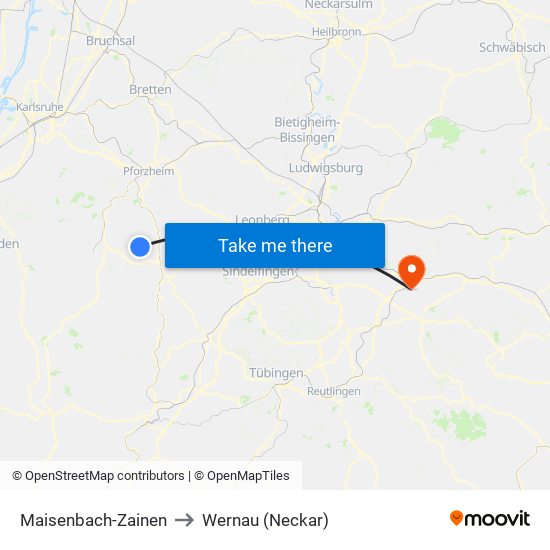 Maisenbach-Zainen to Wernau (Neckar) map