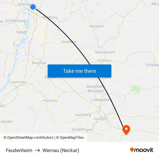 Feudenheim to Wernau (Neckar) map