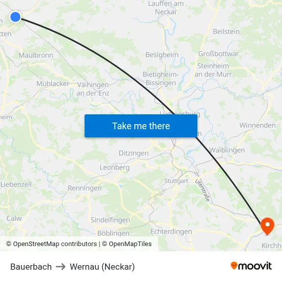 Bauerbach to Wernau (Neckar) map