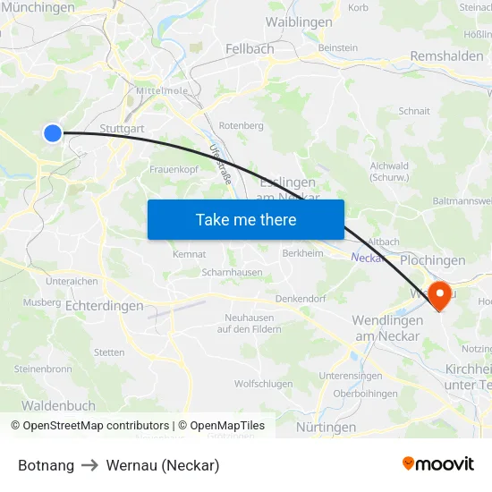 Botnang to Wernau (Neckar) map