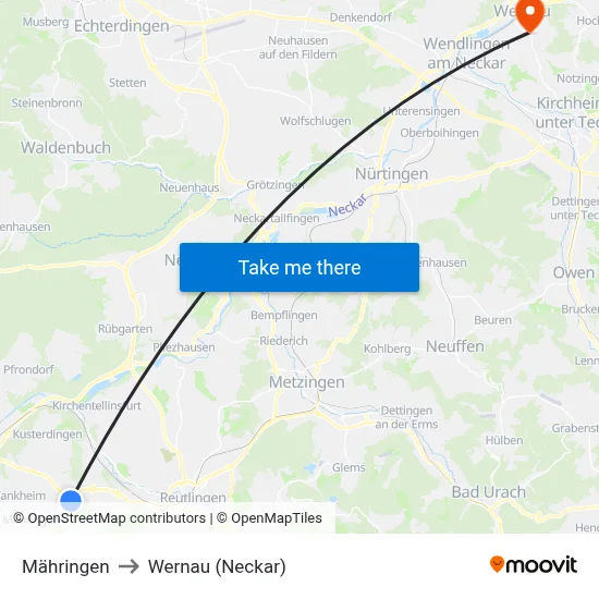 Mähringen to Wernau (Neckar) map