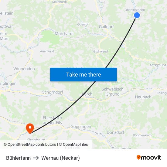 Bühlertann to Wernau (Neckar) map