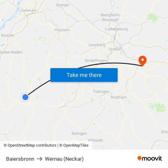 Baiersbronn to Wernau (Neckar) map