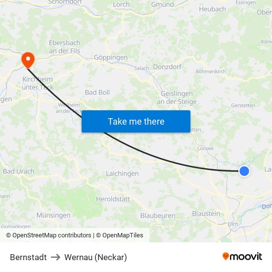 Bernstadt to Wernau (Neckar) map