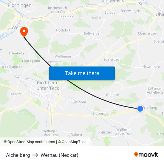 Aichelberg to Wernau (Neckar) map