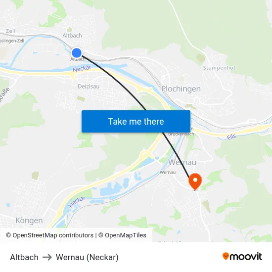 Altbach to Wernau (Neckar) map