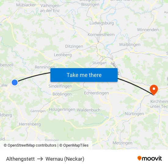 Althengstett to Wernau (Neckar) map