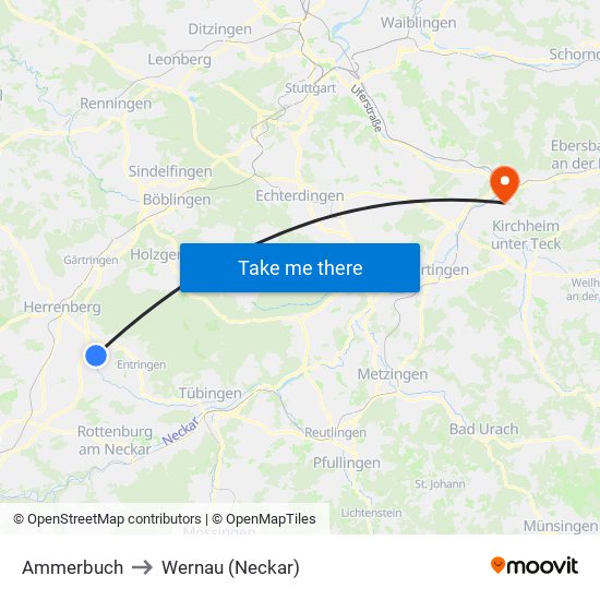 Ammerbuch to Wernau (Neckar) map