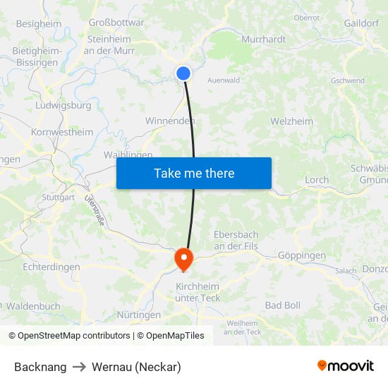 Backnang to Wernau (Neckar) map