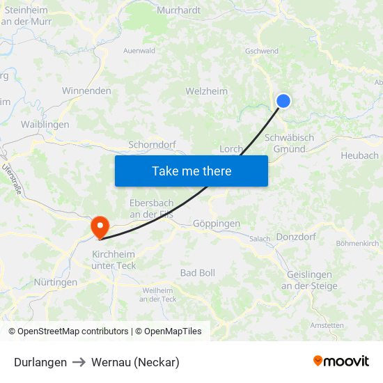 Durlangen to Wernau (Neckar) map