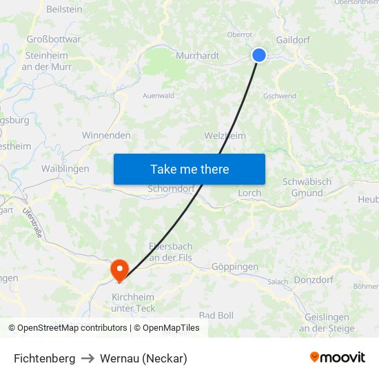 Fichtenberg to Wernau (Neckar) map