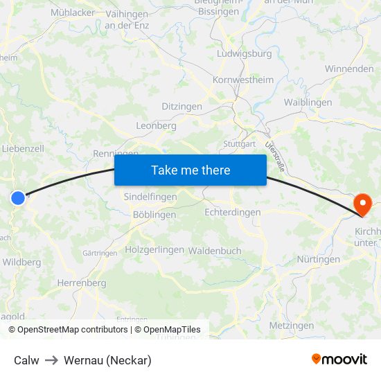 Calw to Wernau (Neckar) map