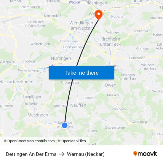 Dettingen An Der Erms to Wernau (Neckar) map