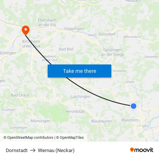 Dornstadt to Wernau (Neckar) map