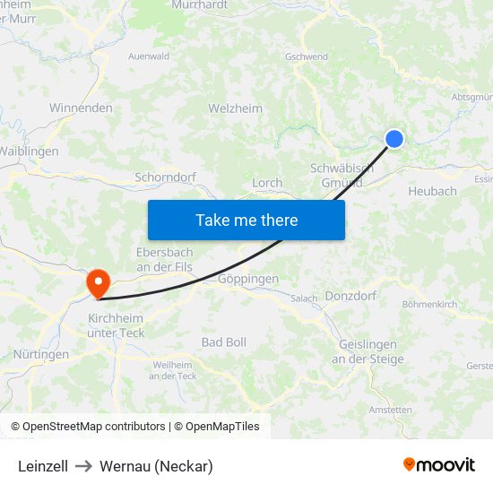 Leinzell to Wernau (Neckar) map