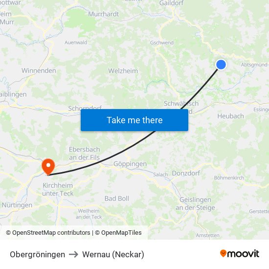 Obergröningen to Wernau (Neckar) map