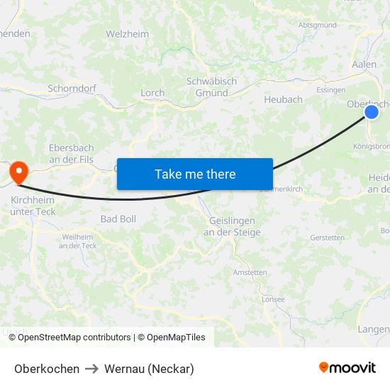 Oberkochen to Wernau (Neckar) map