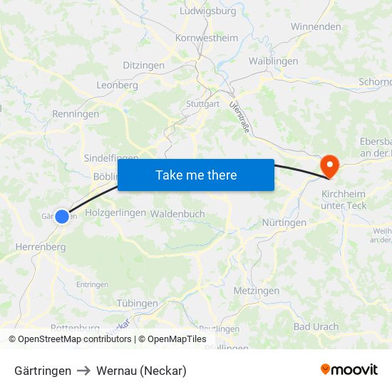 Gärtringen to Wernau (Neckar) map