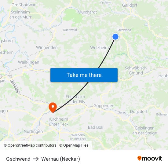 Gschwend to Wernau (Neckar) map