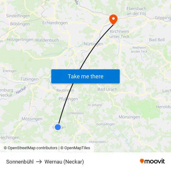 Sonnenbühl to Wernau (Neckar) map