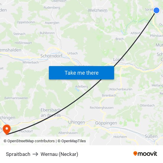 Spraitbach to Wernau (Neckar) map