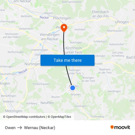 Owen to Wernau (Neckar) map