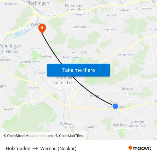 Holzmaden to Wernau (Neckar) map