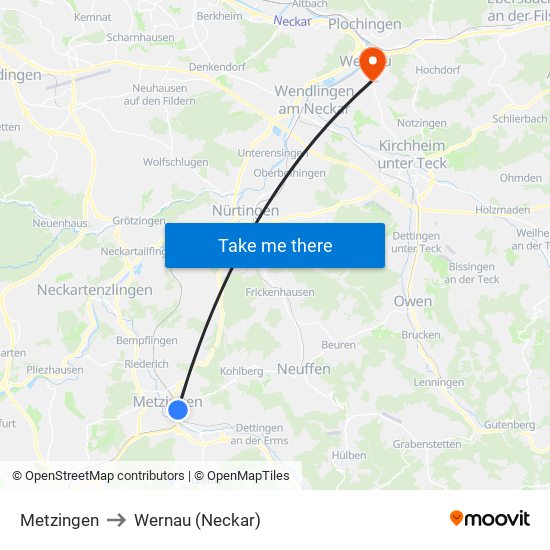 Metzingen to Wernau (Neckar) map