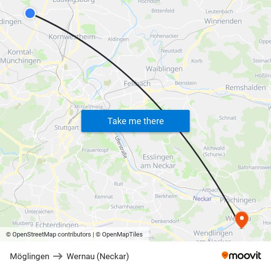 Möglingen to Wernau (Neckar) map