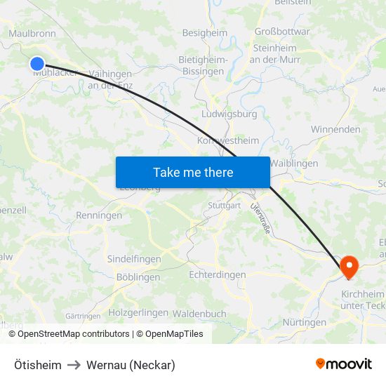 Ötisheim to Wernau (Neckar) map