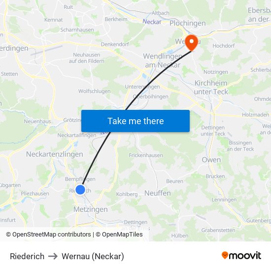 Riederich to Wernau (Neckar) map