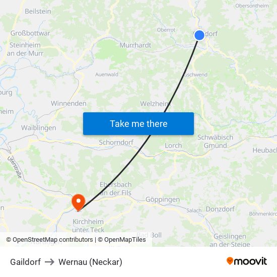 Gaildorf to Wernau (Neckar) map