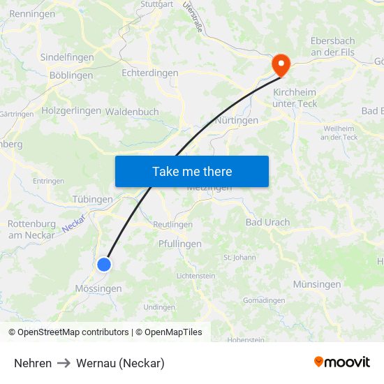 Nehren to Wernau (Neckar) map