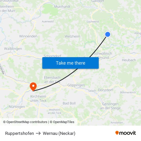 Ruppertshofen to Wernau (Neckar) map