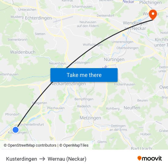 Kusterdingen to Wernau (Neckar) map