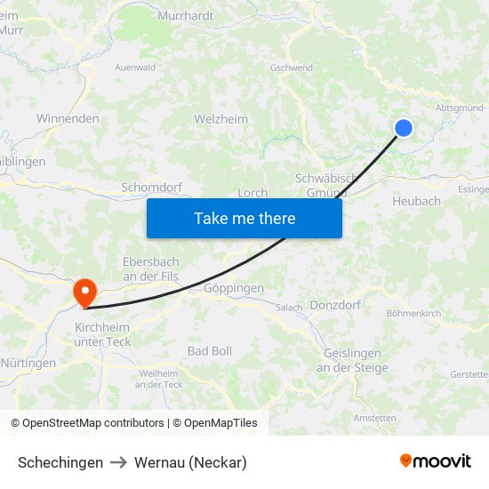 Schechingen to Wernau (Neckar) map