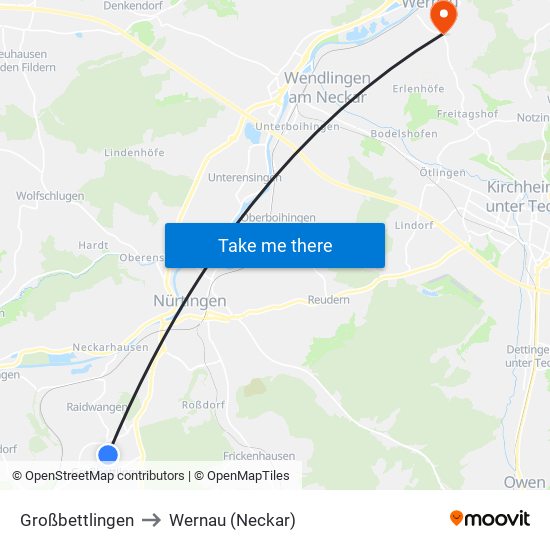 Großbettlingen to Wernau (Neckar) map