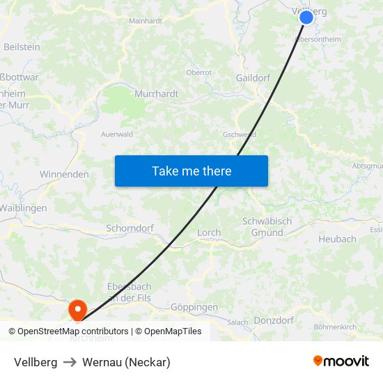 Vellberg to Wernau (Neckar) map