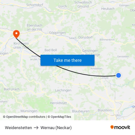 Weidenstetten to Wernau (Neckar) map