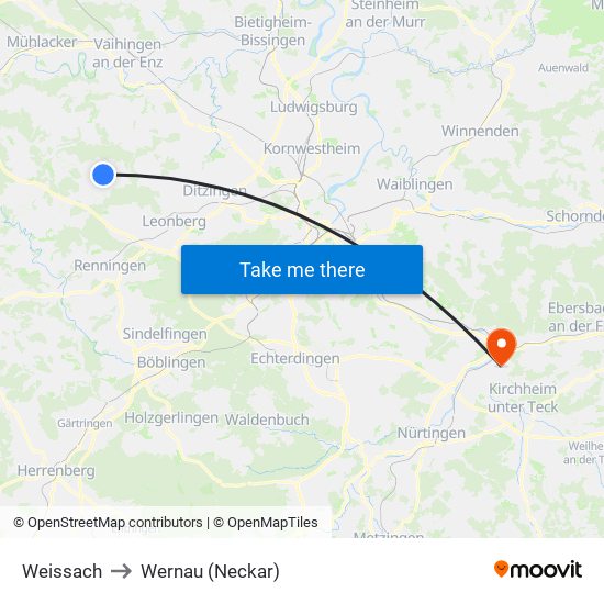 Weissach to Wernau (Neckar) map